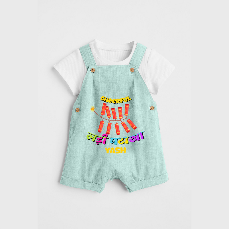 Cheerful Garland Cracker - Customized Diwali Themed Dungaree Set For Kids - ARCTIC BLUE - 0 - 5 Months Old (Chest 18")