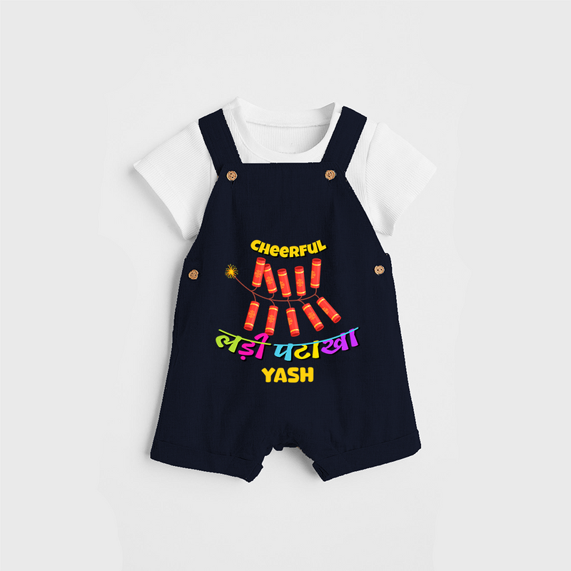 Cheerful Garland Cracker - Customized Diwali Themed Dungaree Set For Kids - NAVY BLUE - 0 - 5 Months Old (Chest 18")