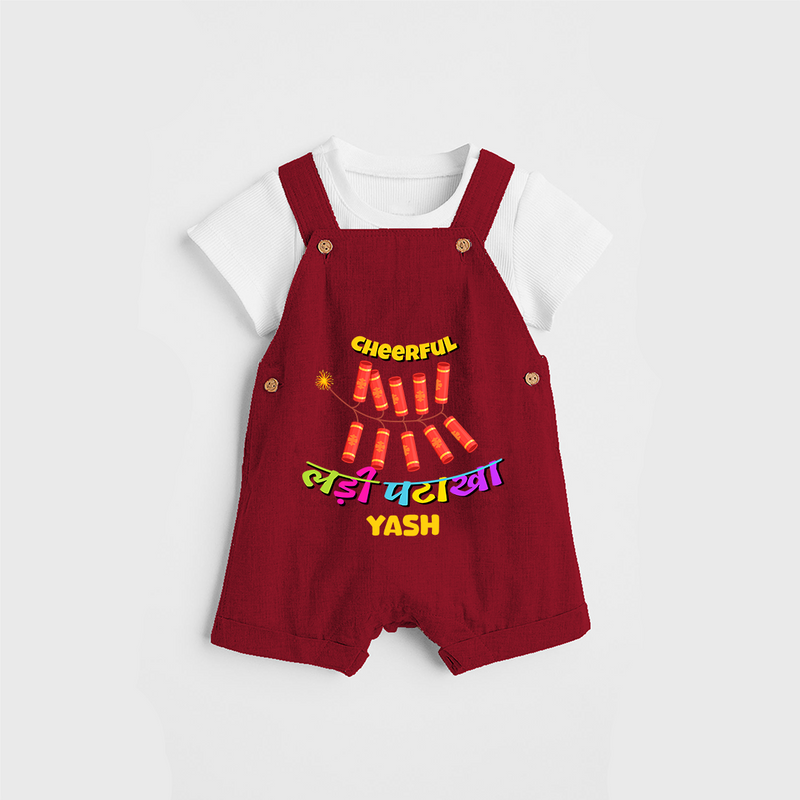 Cheerful Garland Cracker - Customized Diwali Themed Dungaree Set For Kids - RED - 0 - 5 Months Old (Chest 18")