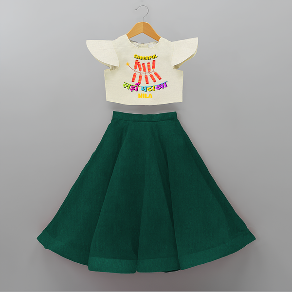 Cheerful Garland Cracker - Customized Diwali Themed Crop Top And Skirt For Kids - BOTTLE GREEN - 6 - 9 Months Old (Chest 20" , Frock Waist 20")