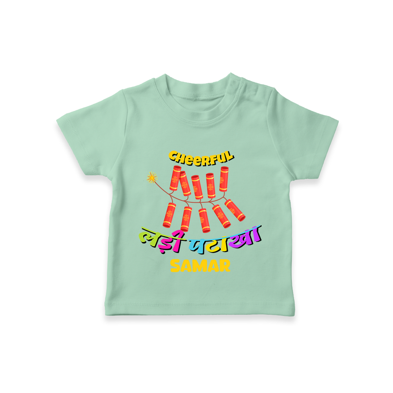 Cheerful Garland Cracker - Customized Diwali Hindi Themed T-Shirt - MINT GREEN - 0 - 5 Months Old (Chest 17")