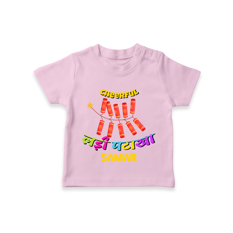 Cheerful Garland Cracker - Customized Diwali Hindi Themed T-Shirt - PINK - 0 - 5 Months Old (Chest 17")