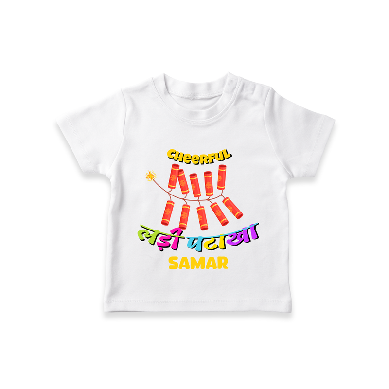 Cheerful Garland Cracker - Customized Diwali Hindi Themed T-Shirt - WHITE - 0 - 5 Months Old (Chest 17")