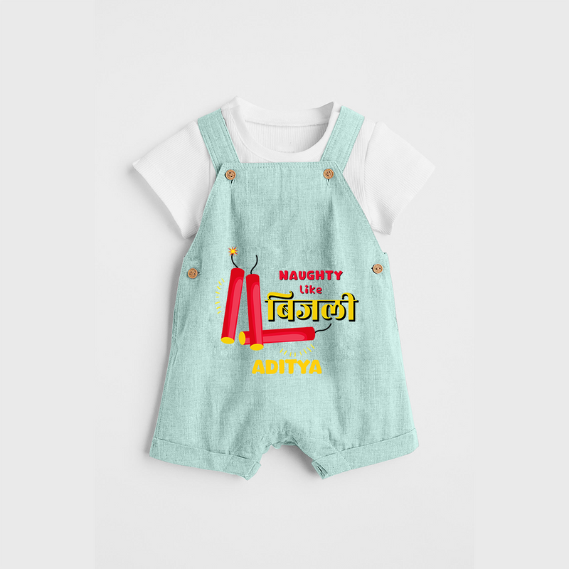 Naughty Like Bijli - Customized Diwali Themed Dungaree Set For Kids - ARCTIC BLUE - 0 - 5 Months Old (Chest 18")