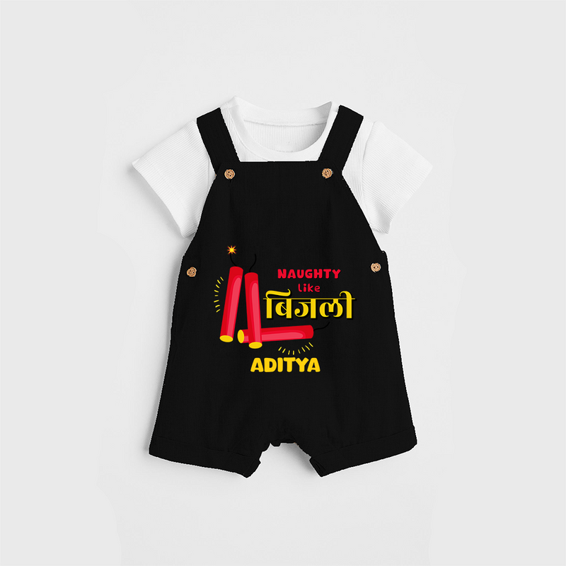 Naughty Like Bijli - Customized Diwali Themed Dungaree Set For Kids - BLACK - 0 - 5 Months Old (Chest 18")