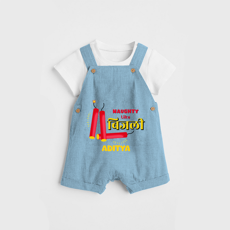 Naughty Like Bijli - Customized Diwali Themed Dungaree Set For Kids - SKY BLUE - 0 - 5 Months Old (Chest 18")