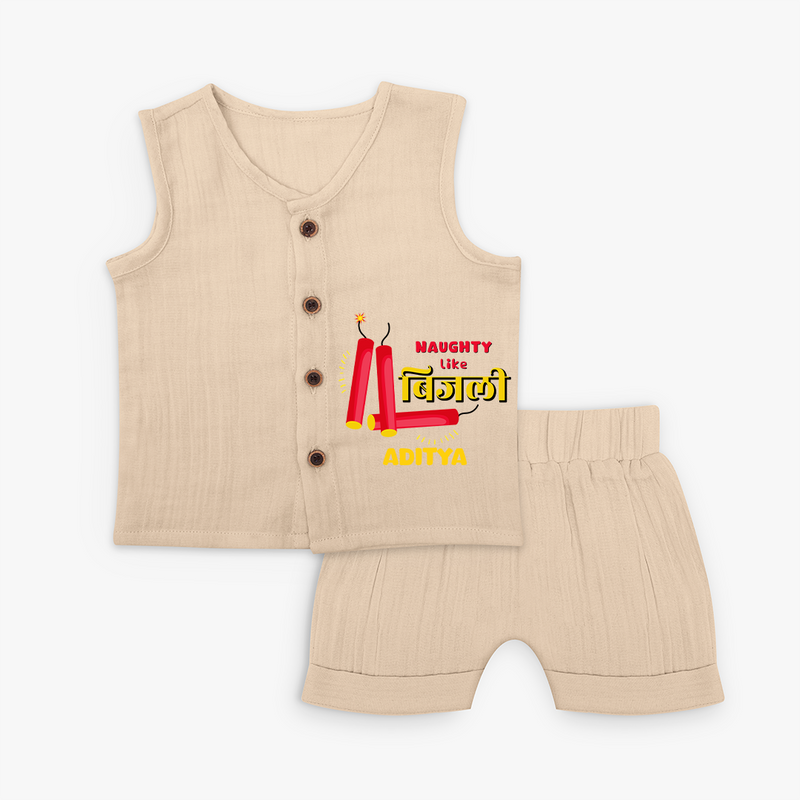 Naughty Like Bijli - Customized Diwali Themed Jabla Set For Kids - CREAM - 0 - 3 Months Old (Chest 9.8")