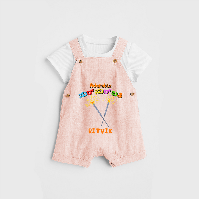 Adorable Sur sur bathi - Personalized Diwali Themed Dungaree Set - PEACH - 0 - 5 Months Old (Chest 18")