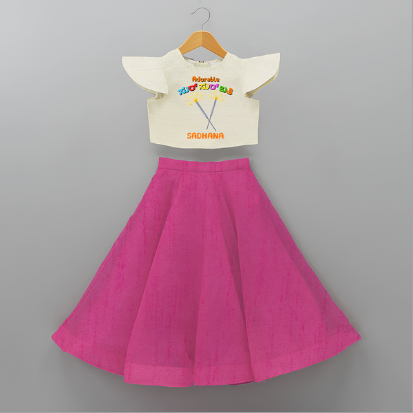 Adorable Sur sur bathi - Personalized Diwali Themed Crop Top And Skirt - FUSCHIA - 6 - 9 Months Old (Chest 20" , Frock Waist 20")