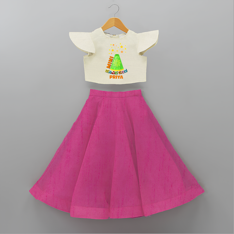 Mini Hoovina kunda  - Personalized Diwali Themed Crop Top And Skirt - FUSCHIA - 6 - 9 Months Old (Chest 20" , Frock Waist 20")