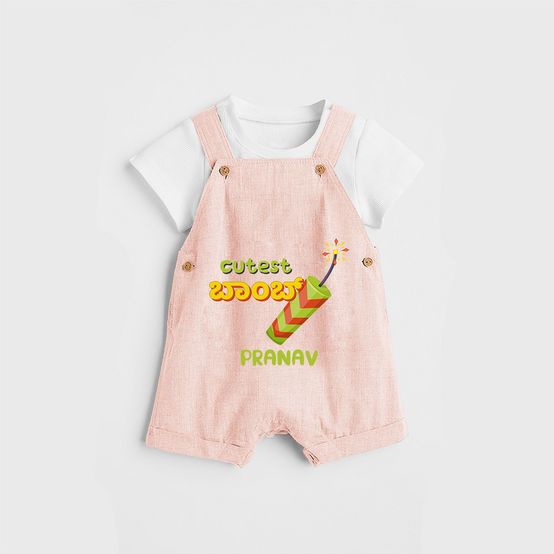 Cutest Bomb  - Personalized Diwali Themed Dungaree Set - PEACH - 0 - 5 Months Old (Chest 18")