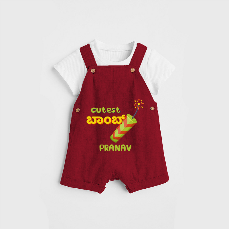 Cutest Bomb  - Personalized Diwali Themed Dungaree Set - RED - 0 - 5 Months Old (Chest 18")