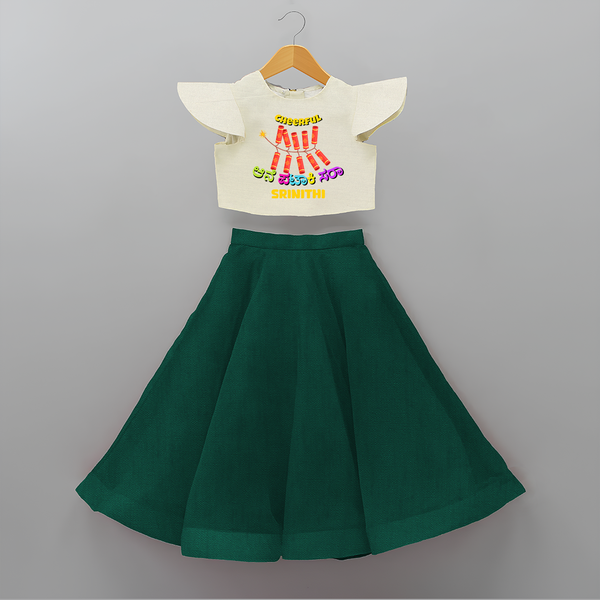 Cheerful Ane Pataki sara - Personalized Diwali Themed Crop Top And Skirt - BOTTLE GREEN - 6 - 9 Months Old (Chest 20" , Frock Waist 20")