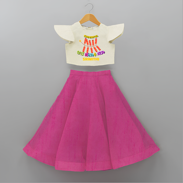 Cheerful Ane Pataki sara - Personalized Diwali Themed Crop Top And Skirt - FUSCHIA - 6 - 9 Months Old (Chest 20" , Frock Waist 20")