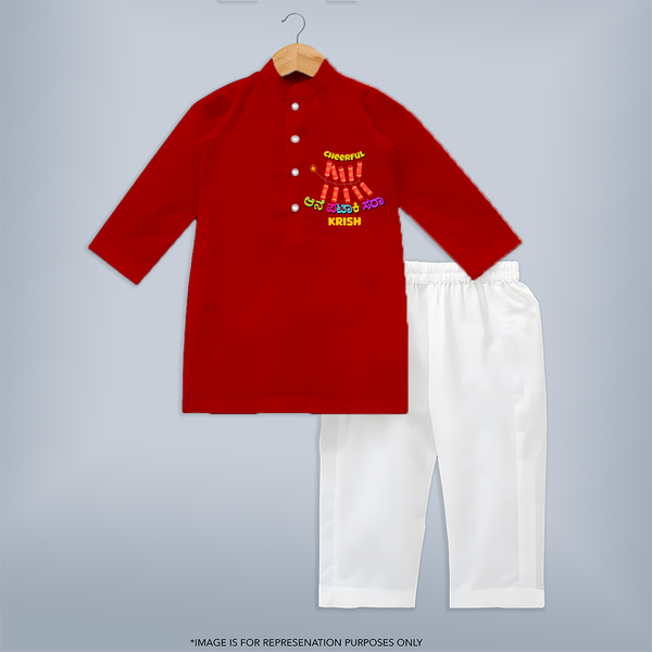 Cheerful Ane Pataki sara - Personalized Diwali Themed Kurta Set - RED - 3 - 6 Months Old (Chest 24", Kurta Length 14'', Waist 19", Pant Length 14")