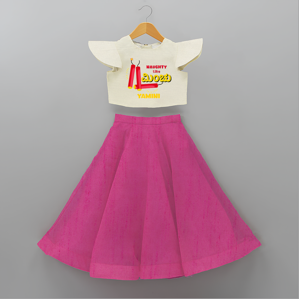 Naughty Like Minchu- Personalized Diwali Themed Crop Top And Skirt - FUSCHIA - 6 - 9 Months Old (Chest 20" , Frock Waist 20")