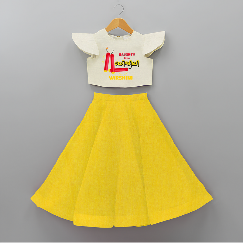 Naughty Like Bijli - Customized Malayalam Diwali Themed Crop Top And Skirt - YELLOW - 6 - 9 Months Old (Chest 20" , Frock Waist 20")