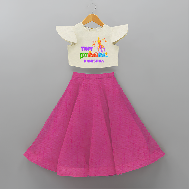 Tiny Rocket - Customized Diwali Themed Kids Crop Top And Skirt - FUSCHIA - 6 - 9 Months Old (Chest 20" , Frock Waist 20")