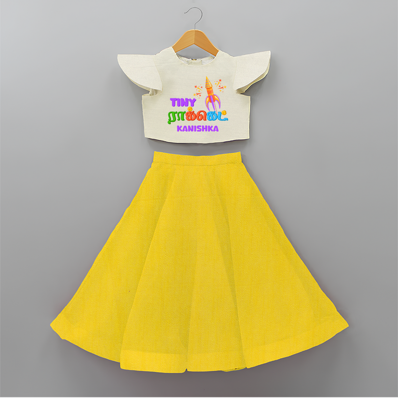 Tiny Rocket - Customized Diwali Themed Kids Crop Top And Skirt - YELLOW - 6 - 9 Months Old (Chest 20" , Frock Waist 20")