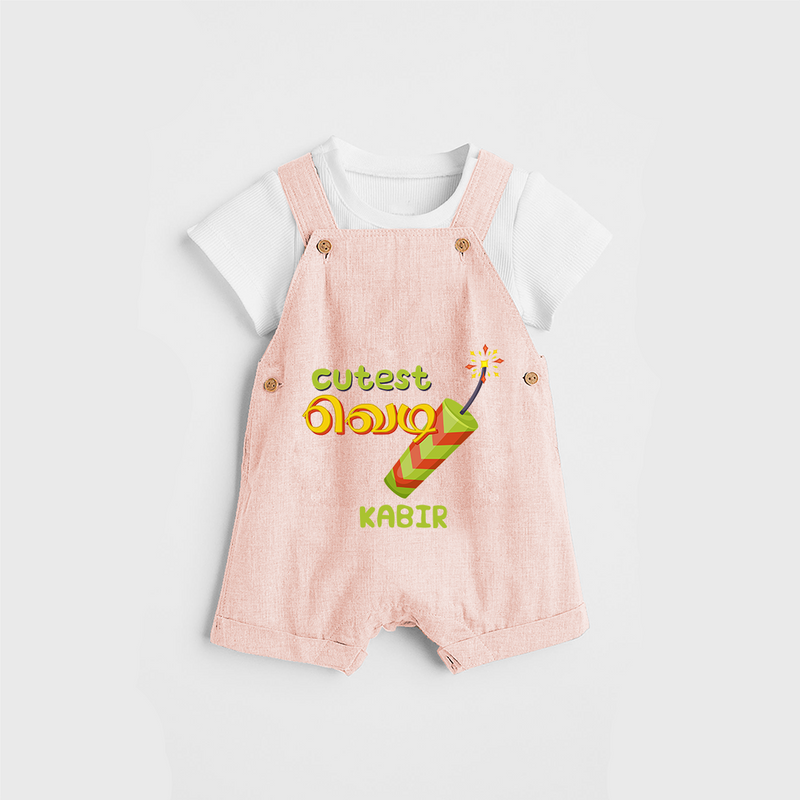 Cutest Kundu - Customized Diwali Themed Kids Dungaree Set - PEACH - 0 - 5 Months Old (Chest 18")