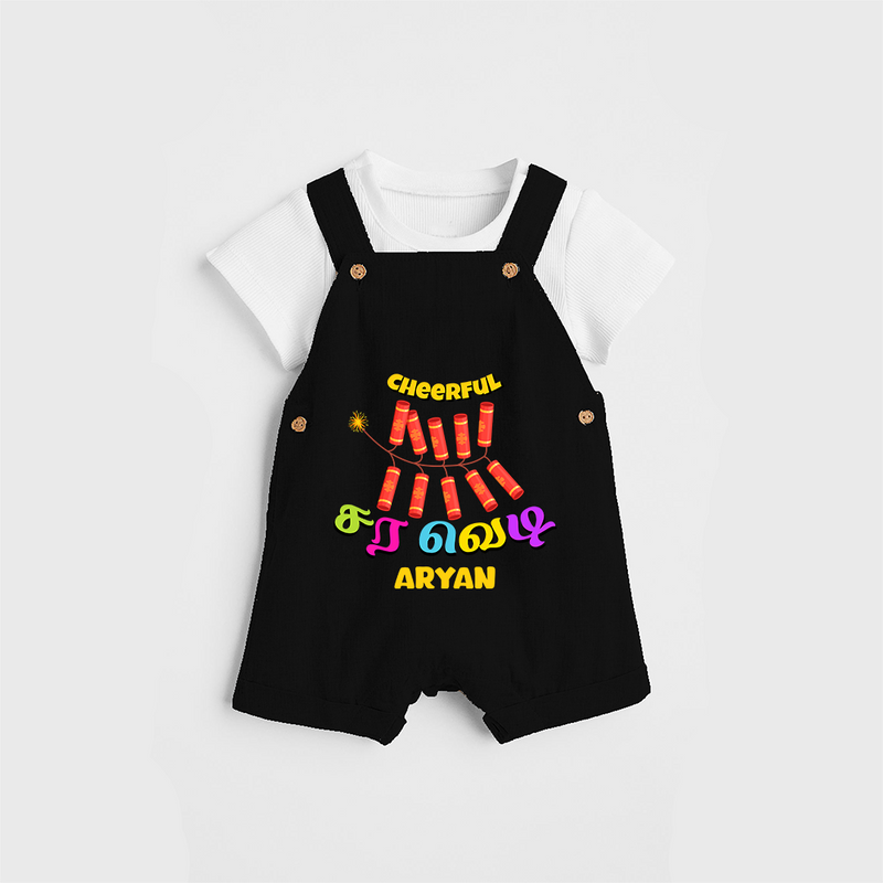 Cheerful Sara Vedi - Customized Diwali Themed Kids Dungaree Set - BLACK - 0 - 5 Months Old (Chest 18")