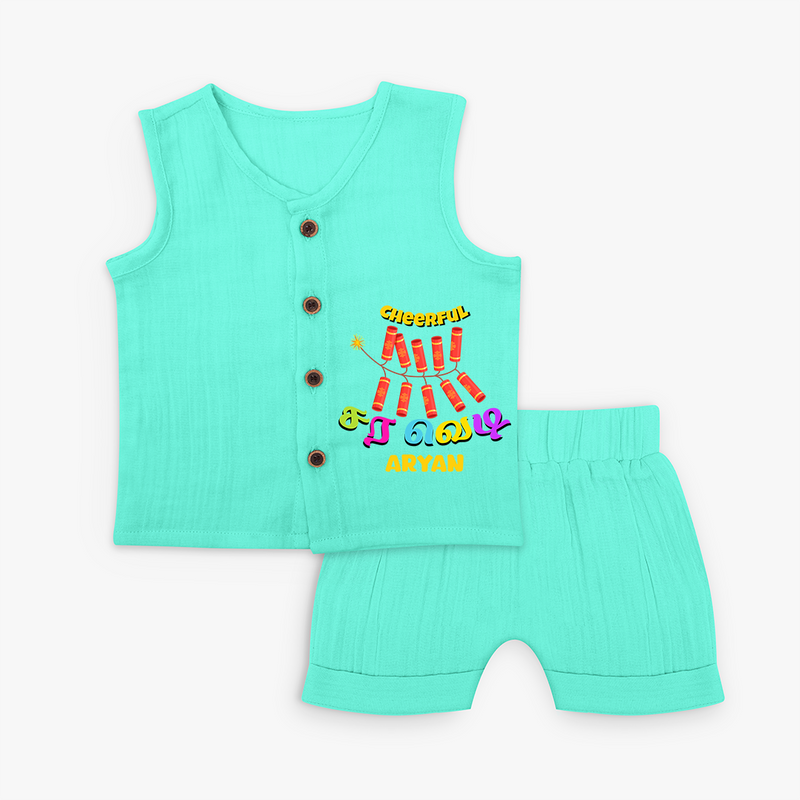 Cheerful Sara Vedi - Customized Diwali Themed Kids Jabla Set - AQUA GREEN - 0 - 3 Months Old (Chest 9.8")