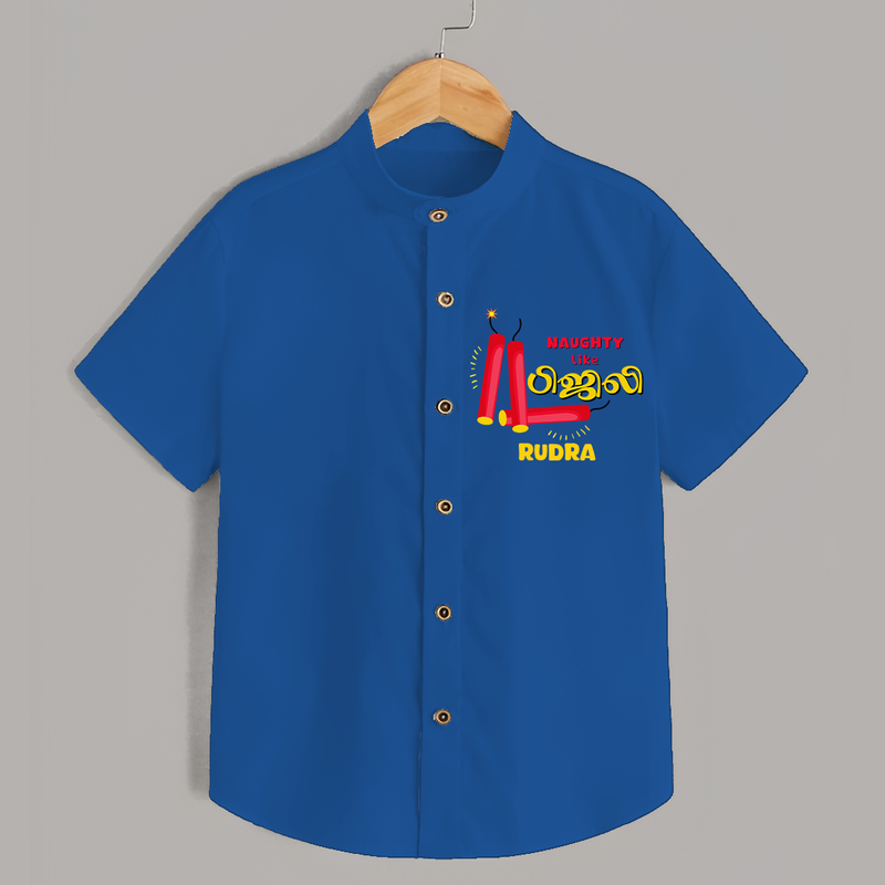 Naughty Like Bijli - Customized Diwali Themed Kids Shirt - COBALT BLUE - 0 - 6 Months Old (Chest 23")