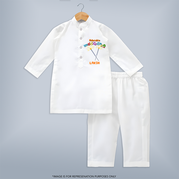 Adorable Kakarapuvvothi - Customized With Diwali Themed Kids Kurta Set - WHITE - 3 - 6 Months Old (Chest 24", Kurta Length 14'', Waist 19", Pant Length 14")