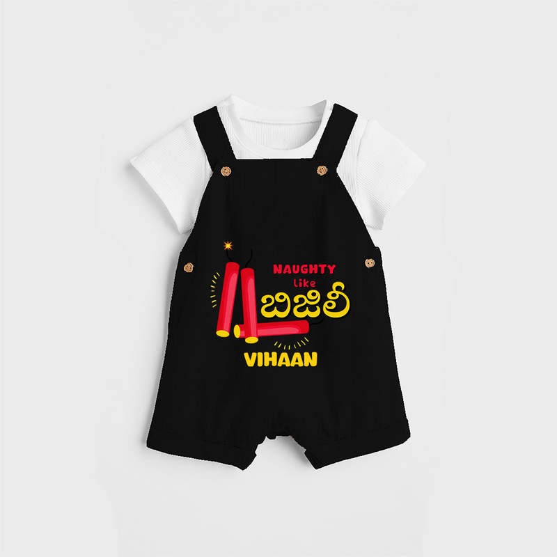 Naughty Like Bijili - Customized With Diwali Themed Kids Dungaree Set - BLACK - 0 - 5 Months Old (Chest 18")