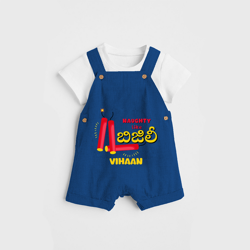 Naughty Like Bijili - Customized With Diwali Themed Kids Dungaree Set - COBALT BLUE - 0 - 5 Months Old (Chest 18")