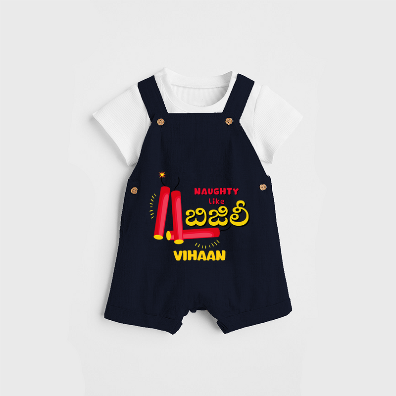 Naughty Like Bijili - Customized With Diwali Themed Kids Dungaree Set - NAVY BLUE - 0 - 5 Months Old (Chest 18")