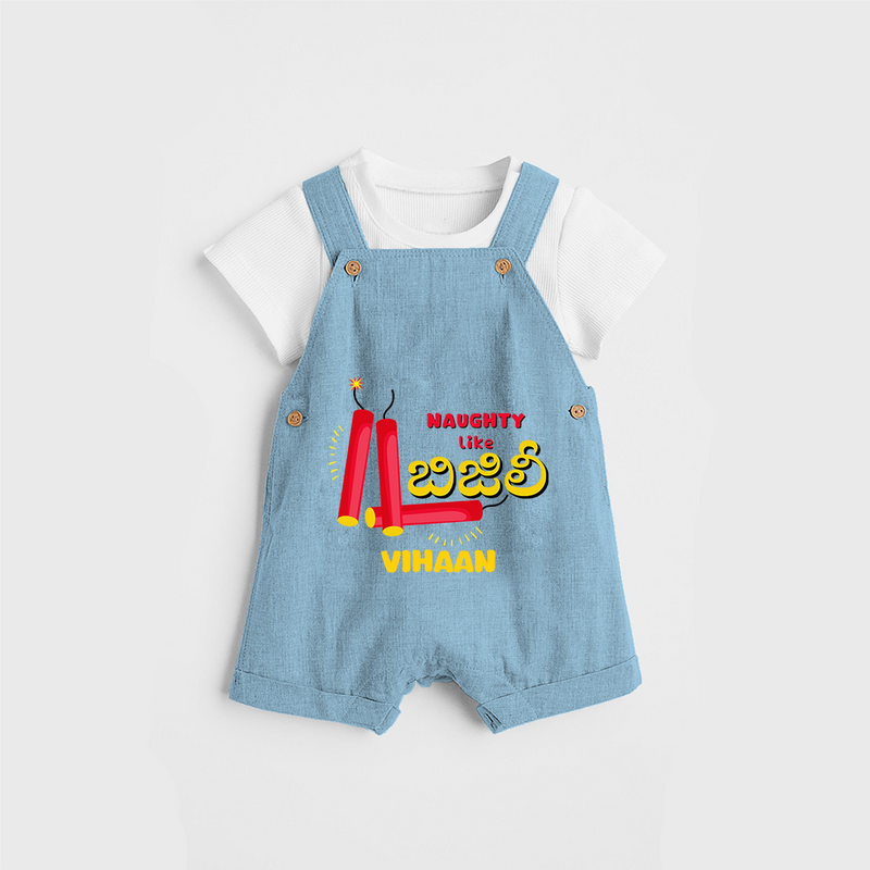 Naughty Like Bijili - Customized With Diwali Themed Kids Dungaree Set - SKY BLUE - 0 - 5 Months Old (Chest 18")