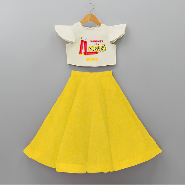 Naughty Like Bijili - Customized With Diwali Themed Kids Crop Top And Skirt - YELLOW - 6 - 9 Months Old (Chest 20" , Frock Waist 20")