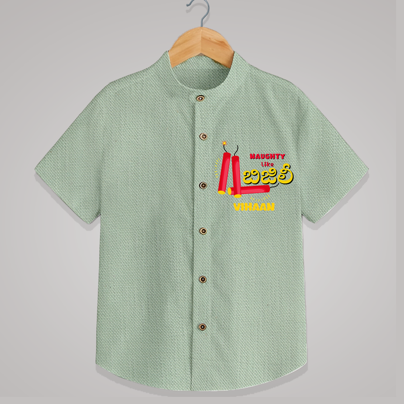 Naughty Like Bijili - Customized With Diwali Themed Kids Shirt - MINT GREEN - 0 - 6 Months Old (Chest 23")