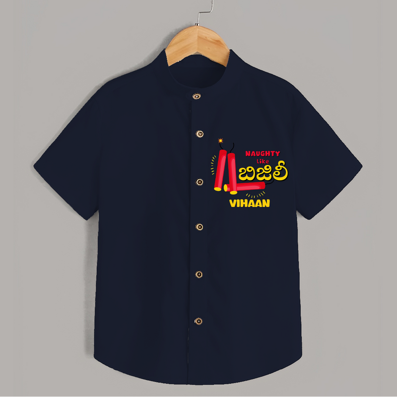 Naughty Like Bijili - Customized With Diwali Themed Kids Shirt - NAVY BLUE - 0 - 6 Months Old (Chest 23")