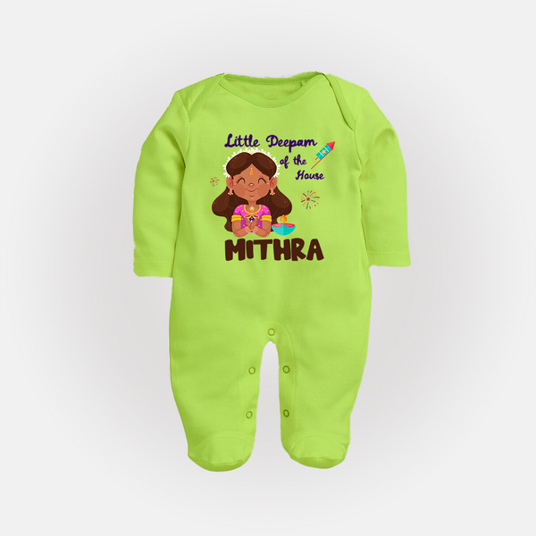 Little Deepam of the House Sleep suit | Personalized Baby Sleep suit for Diwali - LIME GREEN - New Born (Chest 7.5")