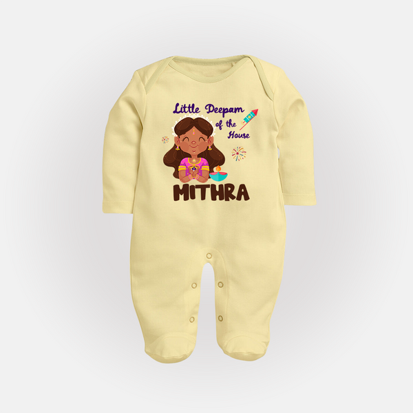 Little Deepam of the House Sleep suit | Personalized Baby Sleep suit for Diwali - PASTEL YELLOW - New Born (Chest 7.5")