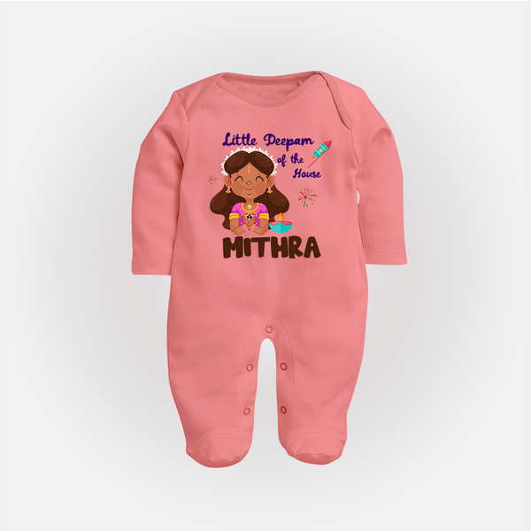 Little Deepam of the House Sleep suit | Personalized Baby Sleep suit for Diwali - PEACH - New Born (Chest 7.5")