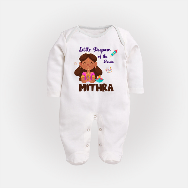 Little Deepam of the House Sleep suit | Personalized Baby Sleep suit for Diwali - WHITE - New Born (Chest 7.5")