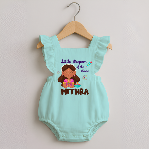 Little Deepam of the House Romper Frock | Personalized Baby Romper Frock for Diwali - MINT GREEN - 0 - 3 Months Old (Chest 19")