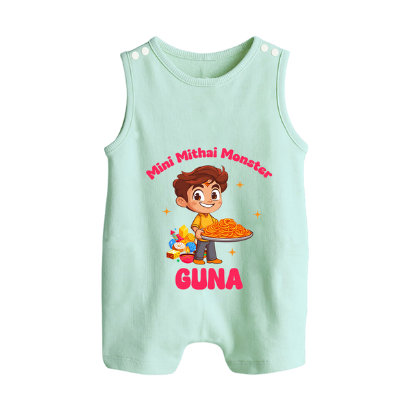 Mini Mithai Monster Romper Suit | Custom Baby Romper Suit for Festival Fun - MINT GREEN - 0 - 5 Months Old (Chest 18")