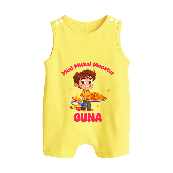 Mini Mithai Monster Romper Suit | Custom Baby Romper Suit for Festival Fun - PASTEL YELLOW - 0 - 5 Months Old (Chest 18")