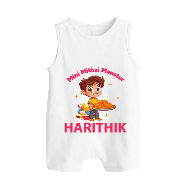 Mini Mithai Monster Button Romper - WHITE - New Born (Chest 18")