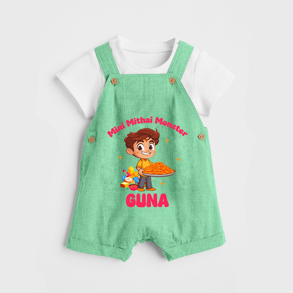 Mini Mithai Monster Dungaree Set | Custom Baby Dungaree Set for Festival Fun - GREEN - 0 - 5 Months Old (Chest 18")