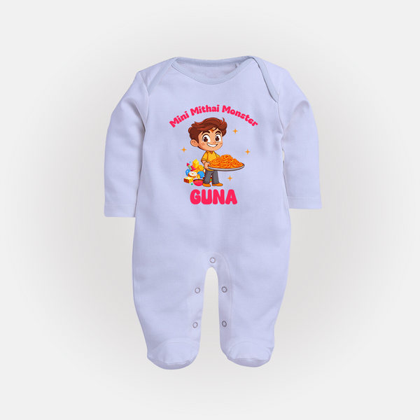 Mini Mithai Monster Sleep suit | Custom Baby Sleep suit for Festival Fun - BABY BLUE - New Born (Chest 7.5")