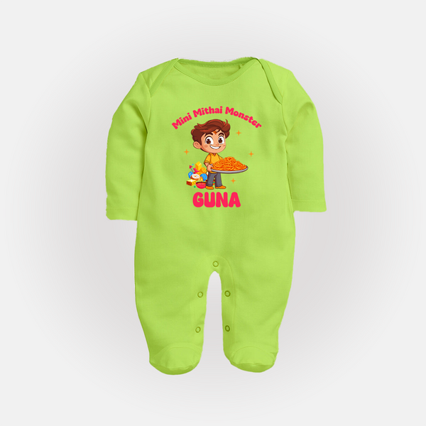 Mini Mithai Monster Sleep suit | Custom Baby Sleep suit for Festival Fun - LIME GREEN - New Born (Chest 7.5")