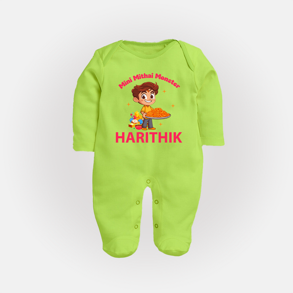 Mini Mithai Monster Full Body Suit - LIME GREEN - New Born (Chest 7.5")