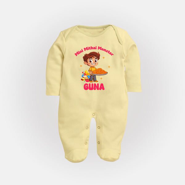 Mini Mithai Monster Sleep suit | Custom Baby Sleep suit for Festival Fun - PASTEL YELLOW - New Born (Chest 7.5")