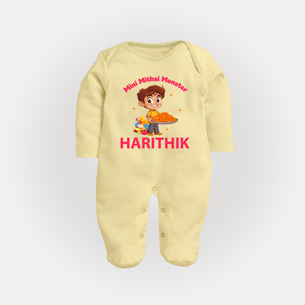 Mini Mithai Monster Full Body Suit - PASTEL YELLOW - New Born (Chest 7.5")