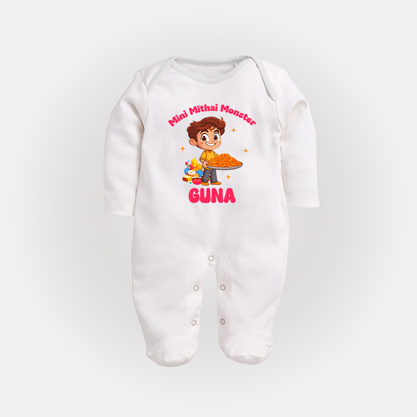 Mini Mithai Monster Sleep suit | Custom Baby Sleep suit for Festival Fun - WHITE - New Born (Chest 7.5")
